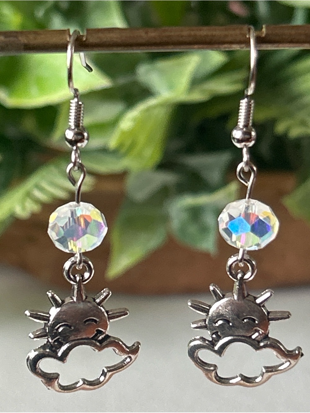 Handmade Silver Sun & Cloud Dangle Earrings with Iridescent Beads